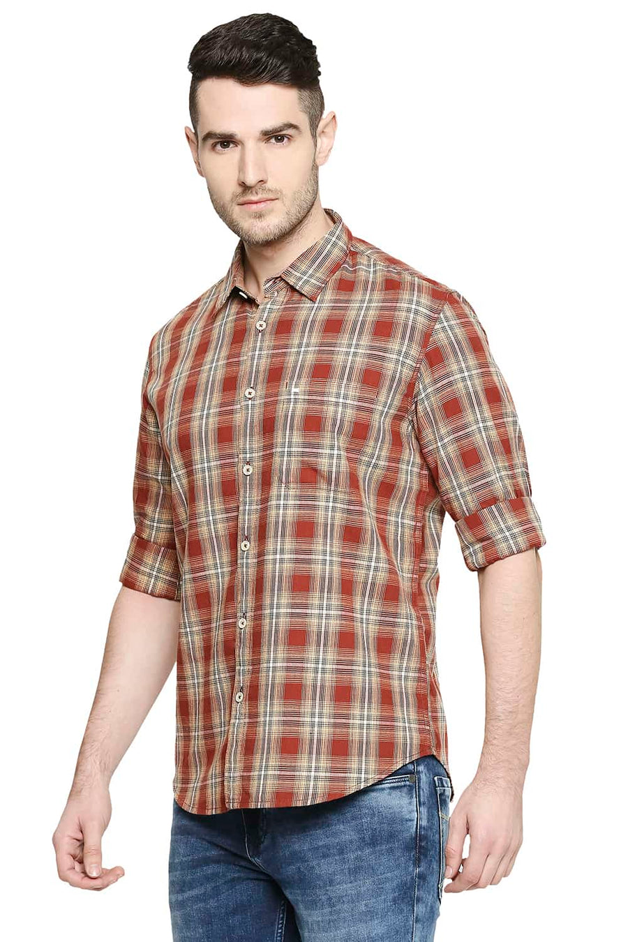 BASICS SLIM FIT CINNABAR BROWN CHECKS SHIRT
