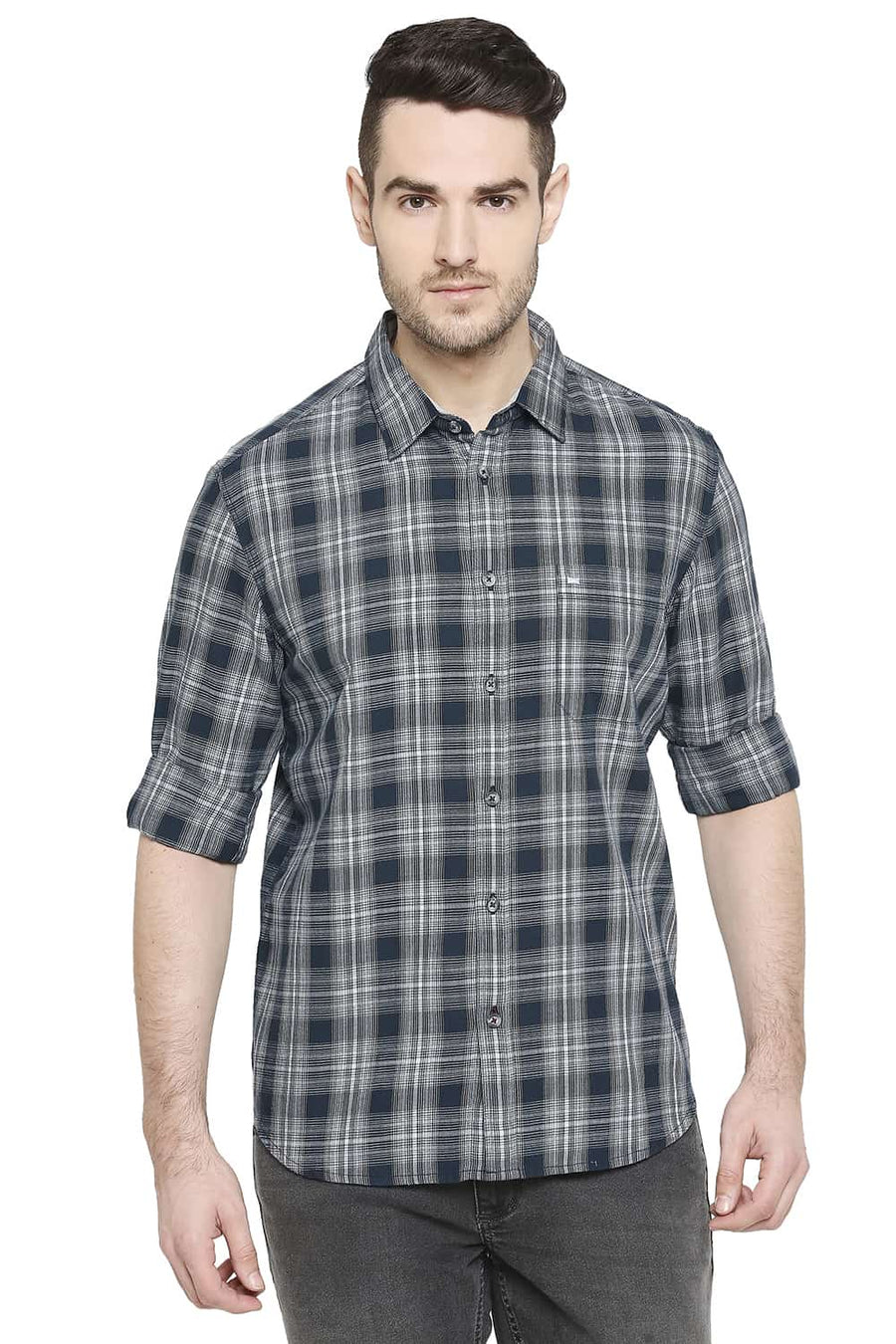 BASICS SLIM FIT BALSAM GREY CHECKS SHIRT
