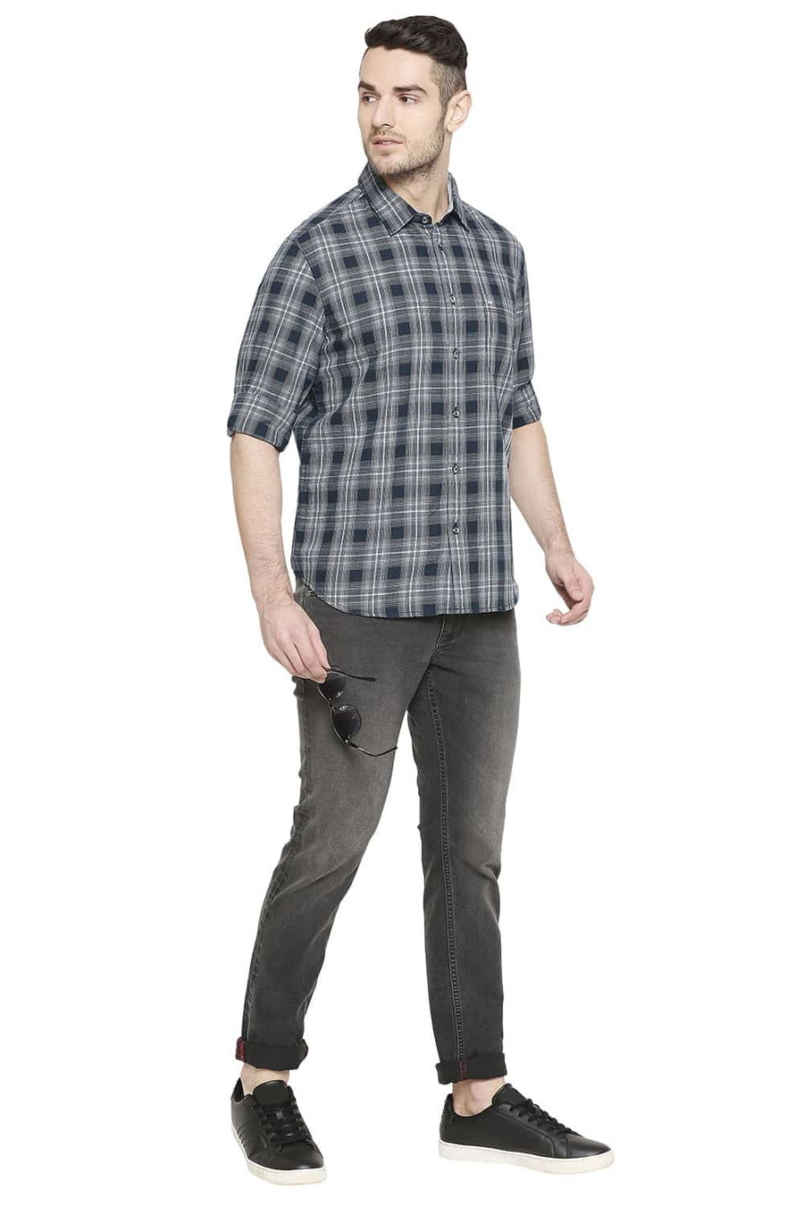 BASICS SLIM FIT BALSAM GREY CHECKS SHIRT
