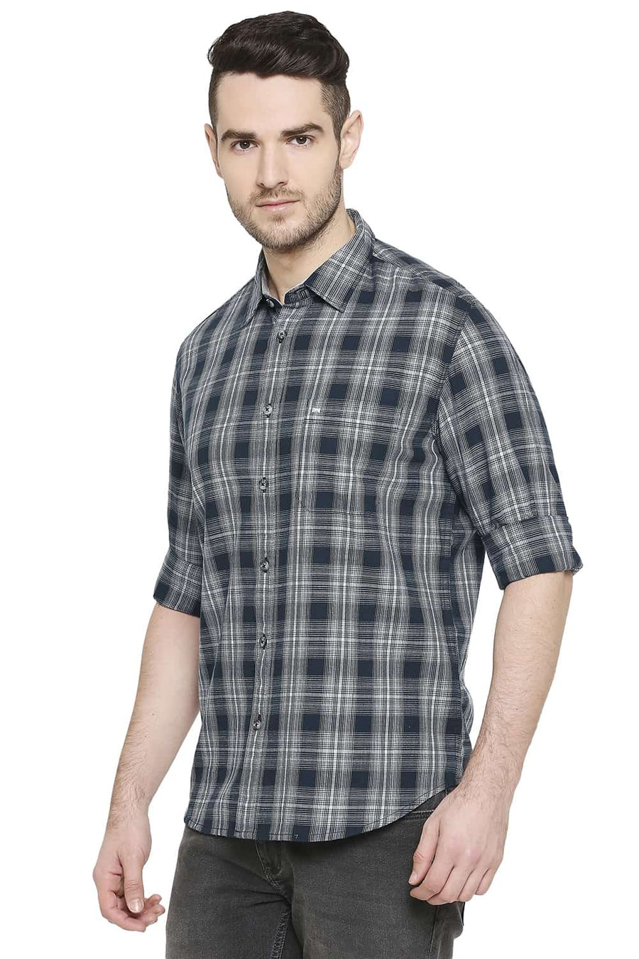 BASICS SLIM FIT BALSAM GREY CHECKS SHIRT