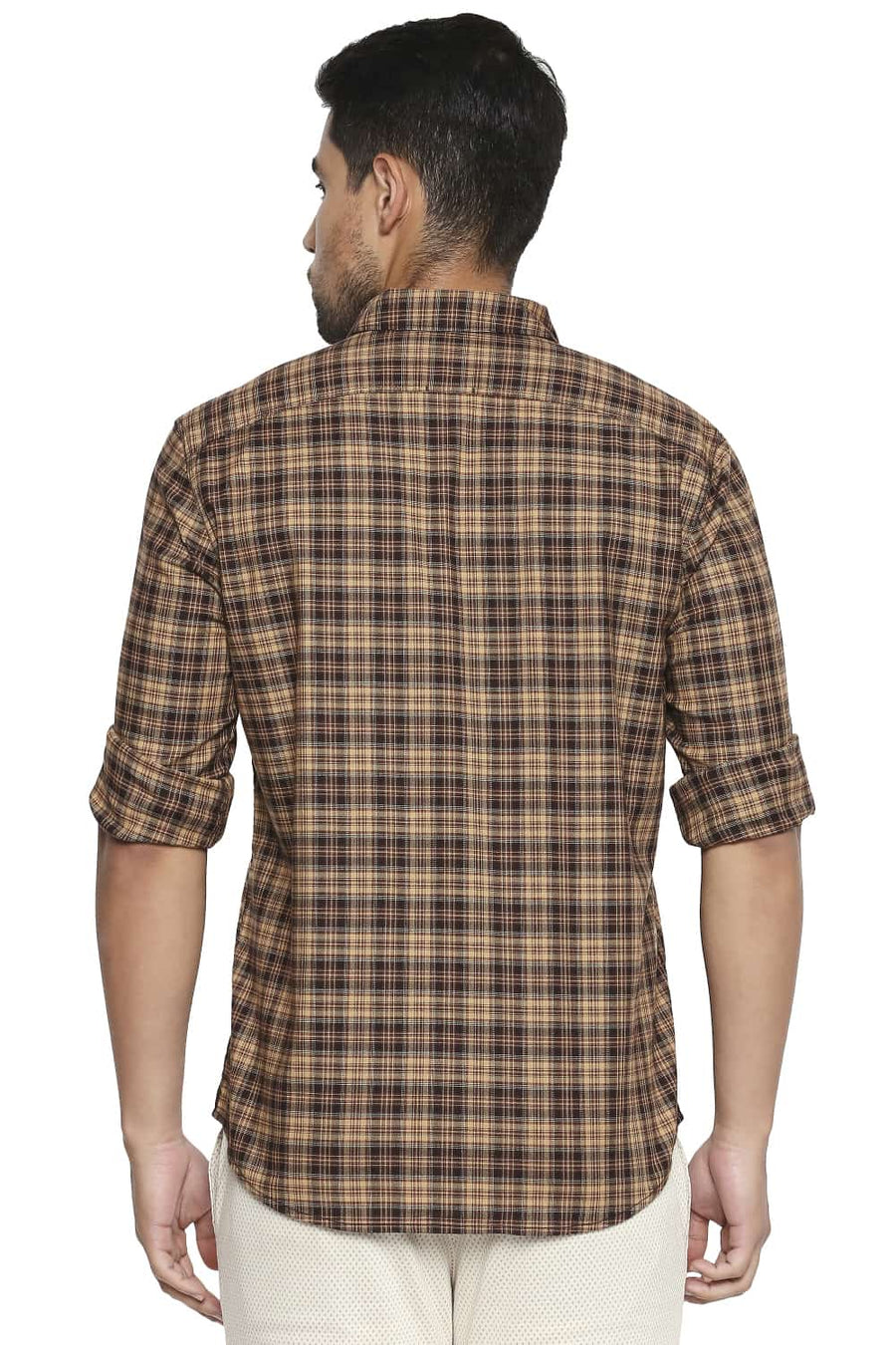 BASICS SLIM FIT BISON BROWN CHECKS SHIRT
