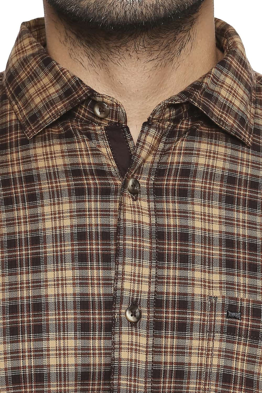 BASICS SLIM FIT BISON BROWN CHECKS SHIRT