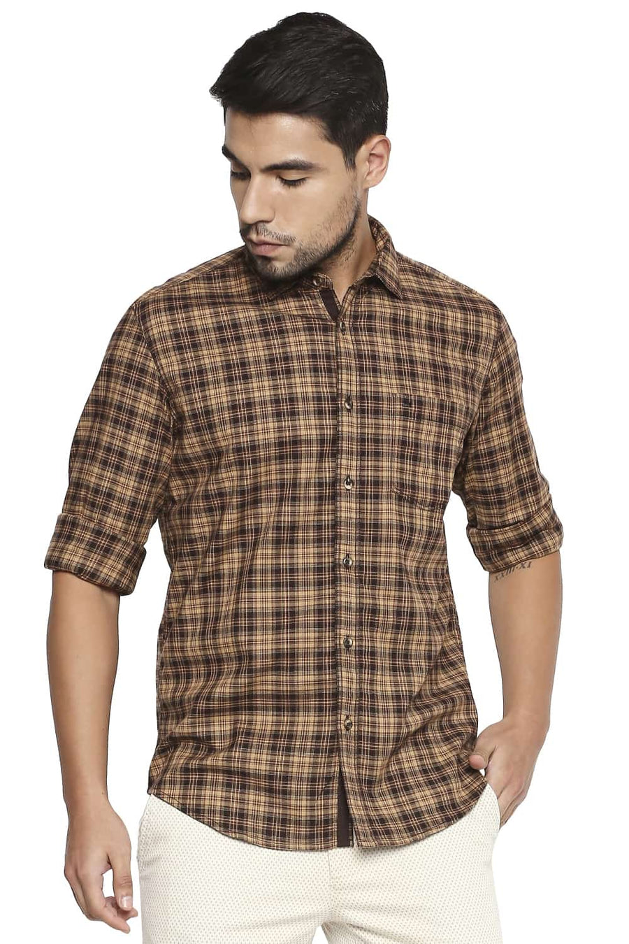 BASICS SLIM FIT BISON BROWN CHECKS SHIRT