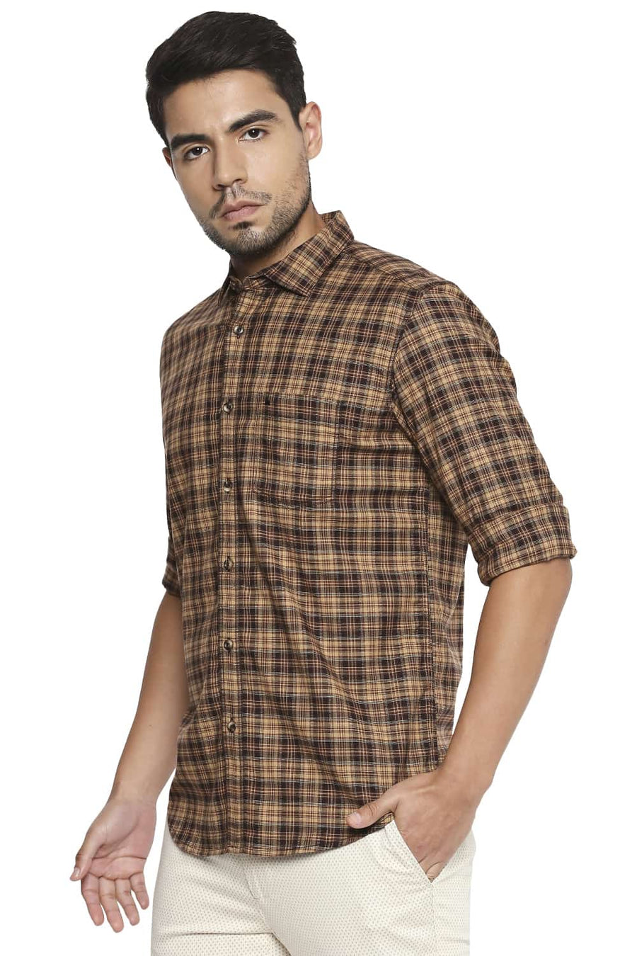 BASICS SLIM FIT BISON BROWN CHECKS SHIRT