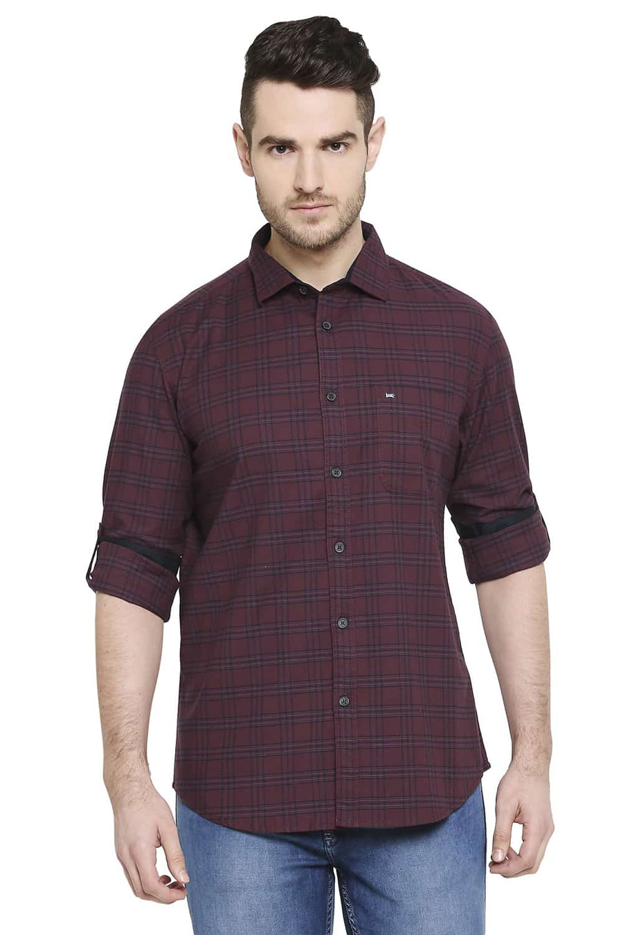 BASICS SLIM FIT CABERNET RED STRETCH CHECKS SHIRT