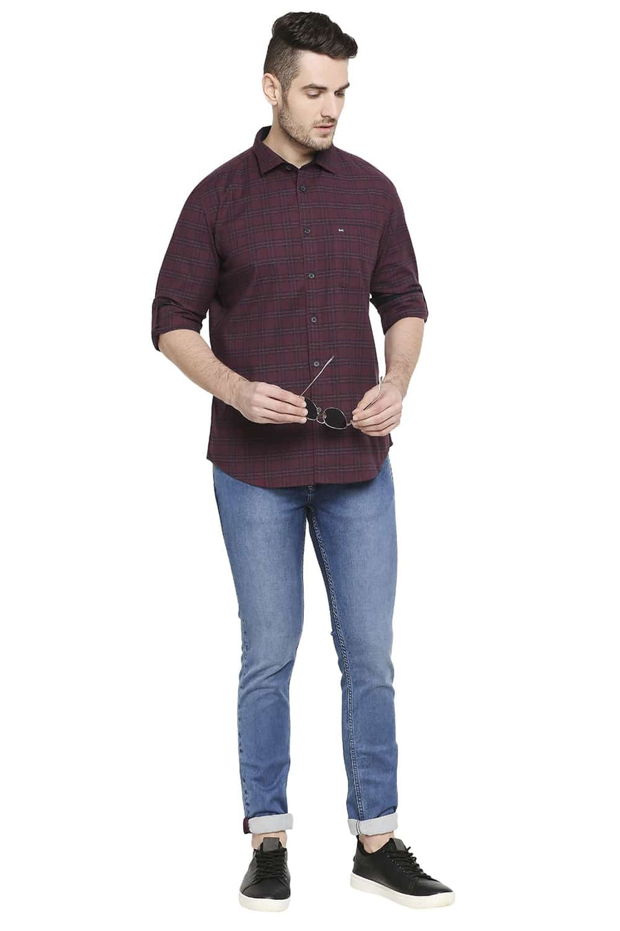 BASICS SLIM FIT CABERNET RED STRETCH CHECKS SHIRT