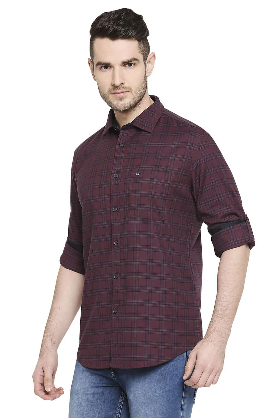 BASICS SLIM FIT CABERNET RED STRETCH CHECKS SHIRT