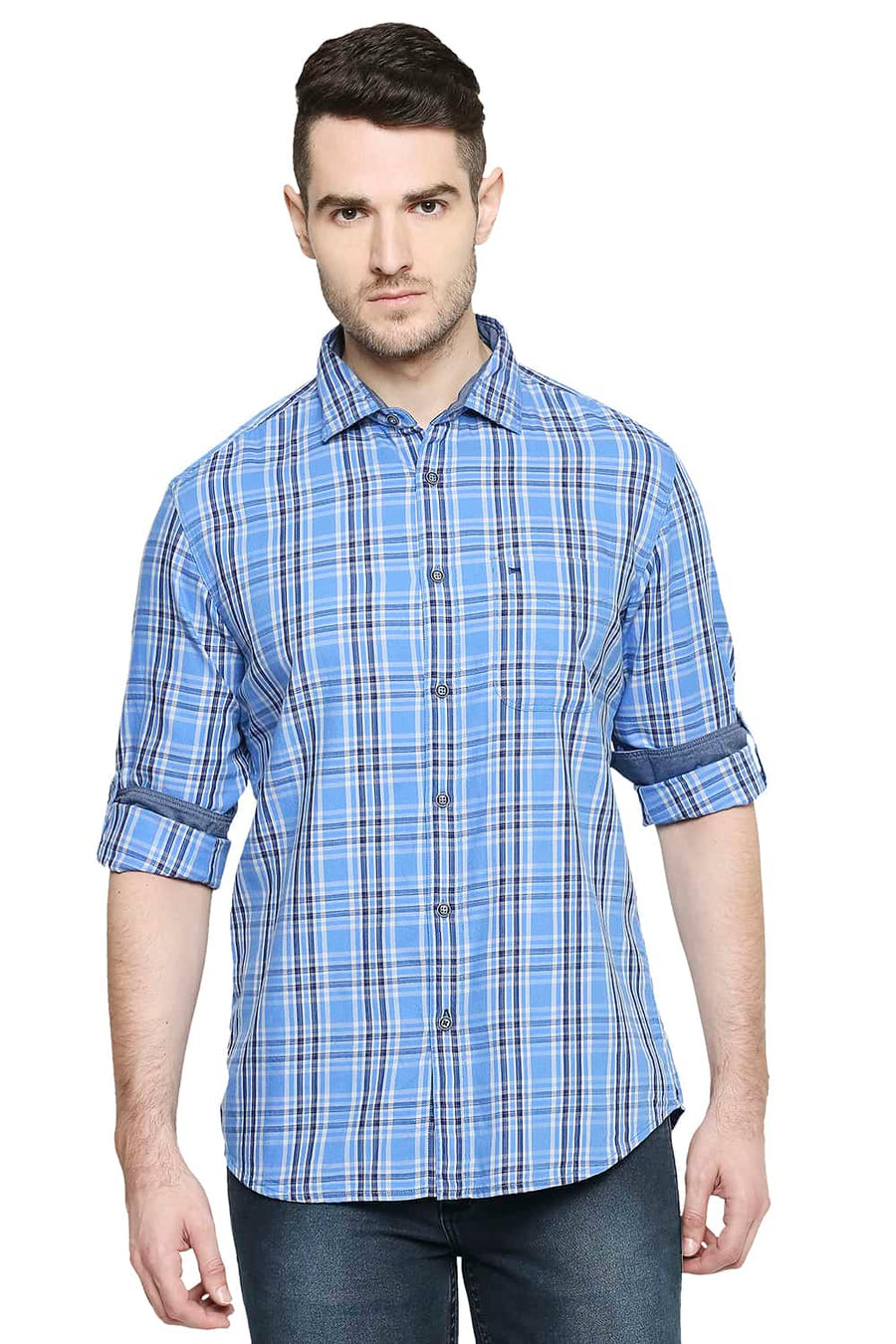 BASICS SLIM FIT MARINA BLUE CHECKS SHIRT