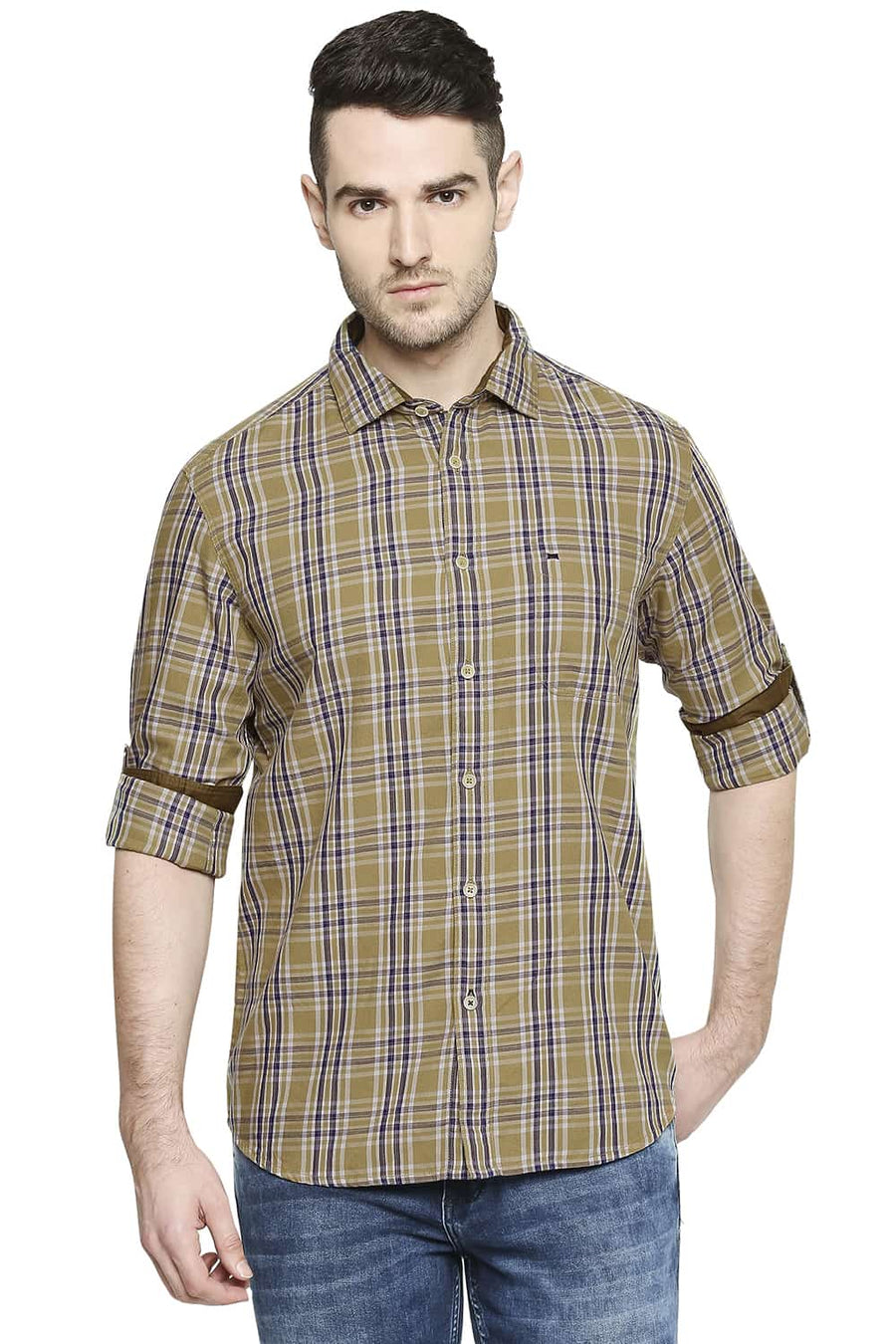BASICS SLIM FIT PRAIRIE KHAKI CHECKS SHIRT