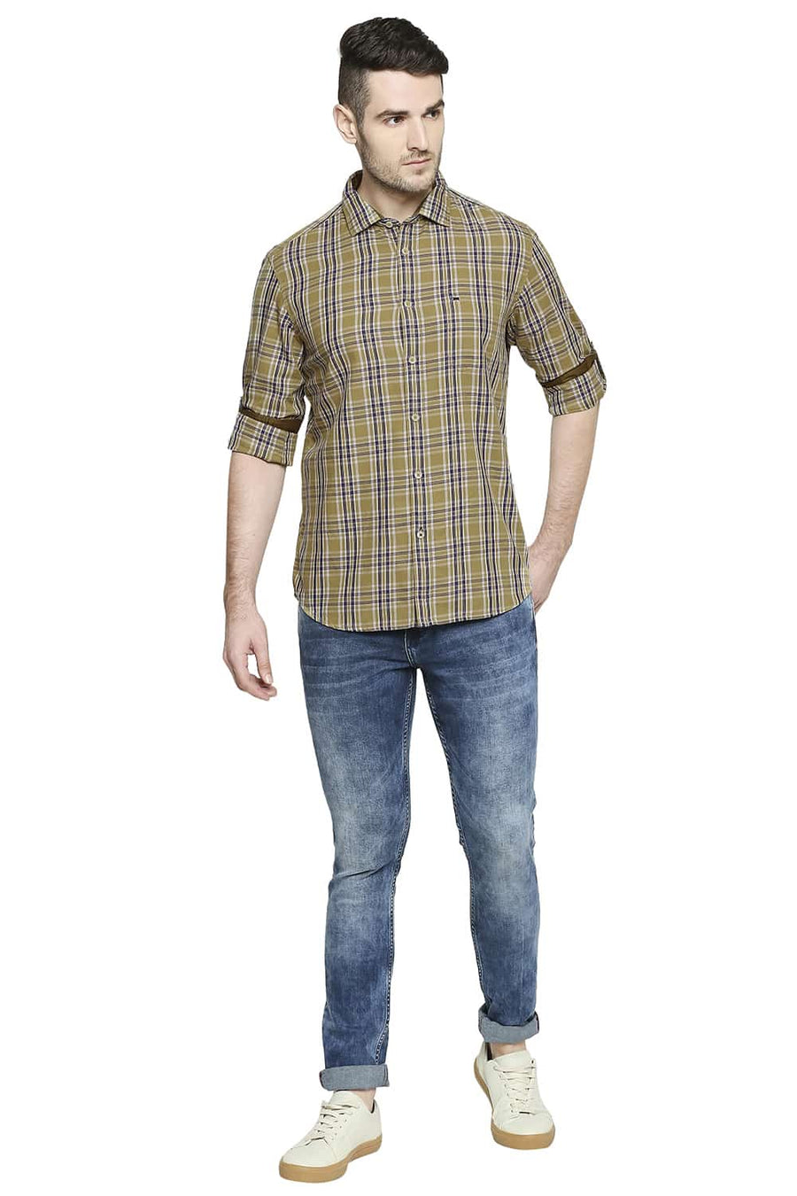 BASICS SLIM FIT PRAIRIE KHAKI CHECKS SHIRT
