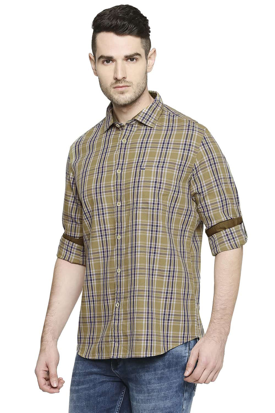 BASICS SLIM FIT PRAIRIE KHAKI CHECKS SHIRT