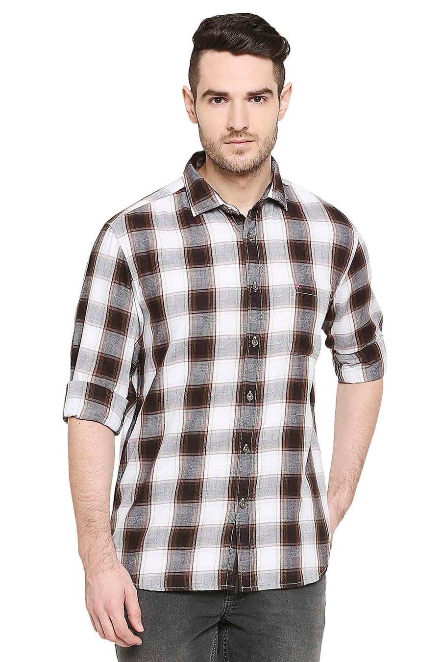 BASICS SLIM FIT OLIVE PLANTATION CHECKS SHIRT