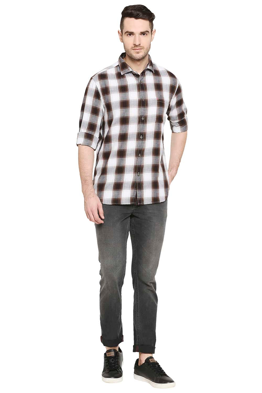 BASICS SLIM FIT OLIVE PLANTATION CHECKS SHIRT