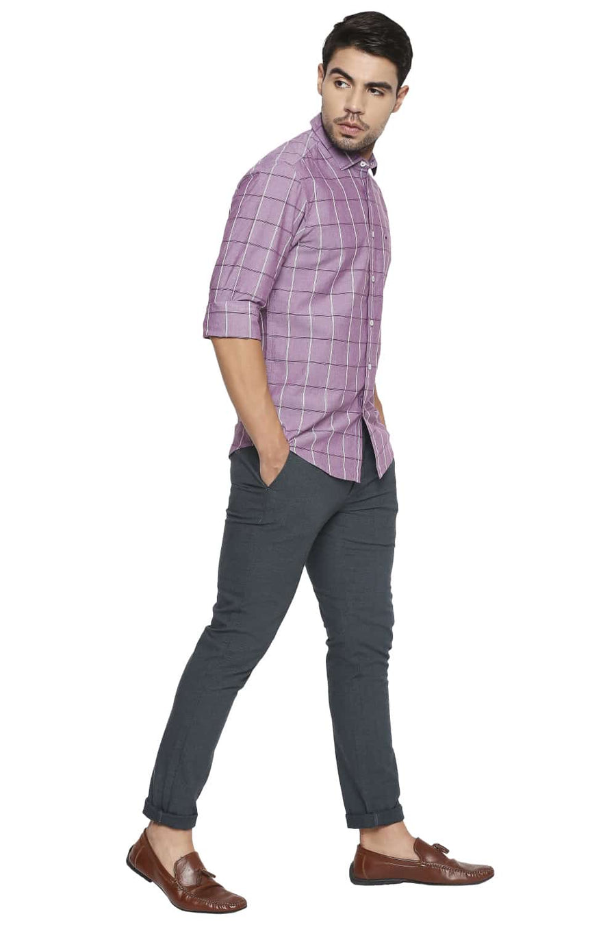 BASICS SLIM FIT DUSKY PURPLE CHECKS SHIRT