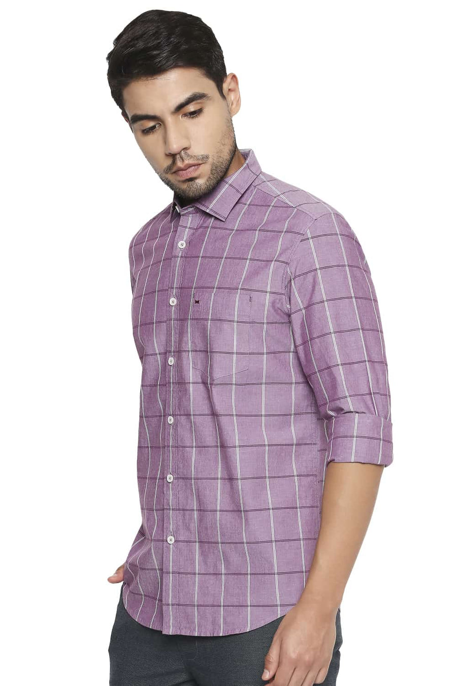 BASICS SLIM FIT DUSKY PURPLE CHECKS SHIRT