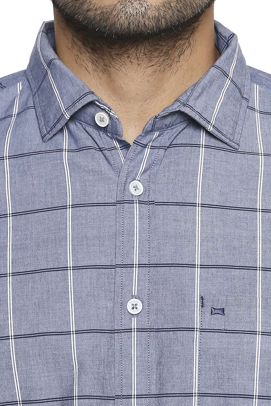 BASICS SLIM FIT STONEWASH BLUE CHECKS SHIRT