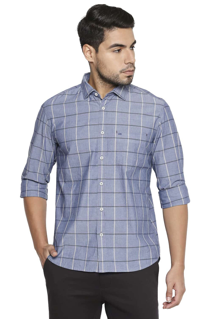 BASICS SLIM FIT STONEWASH BLUE CHECKS SHIRT