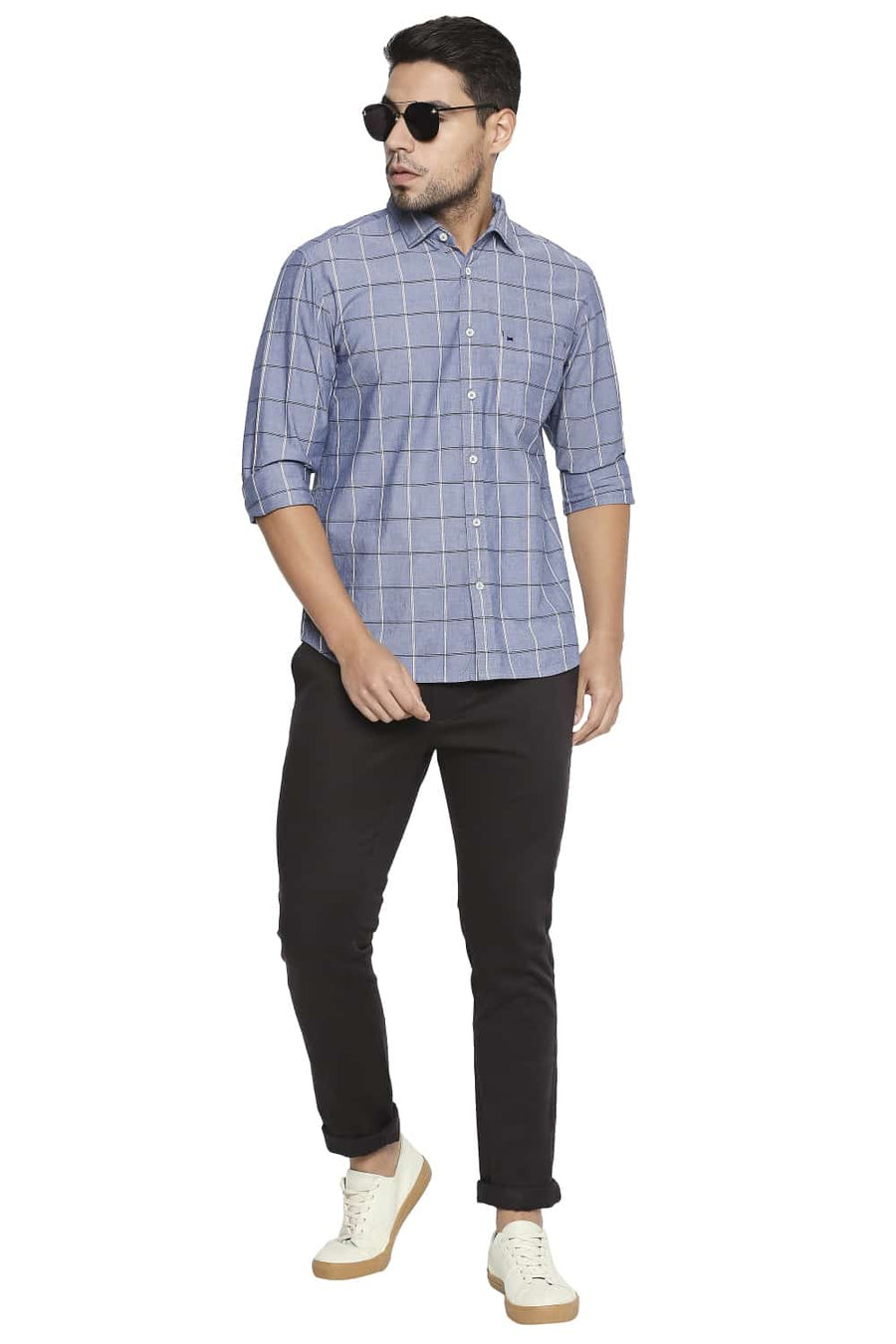 BASICS SLIM FIT STONEWASH BLUE CHECKS SHIRT