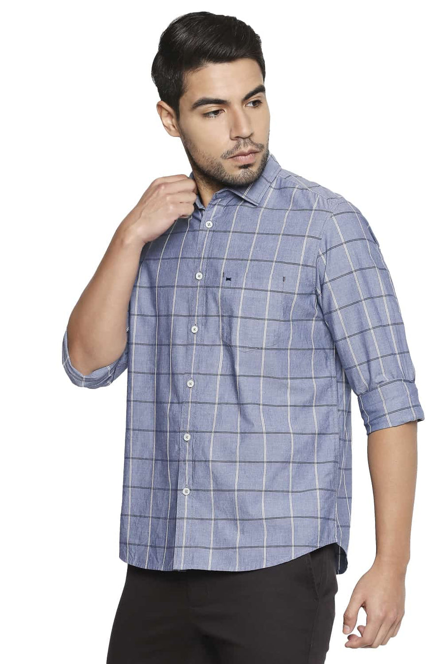 BASICS SLIM FIT STONEWASH BLUE CHECKS SHIRT