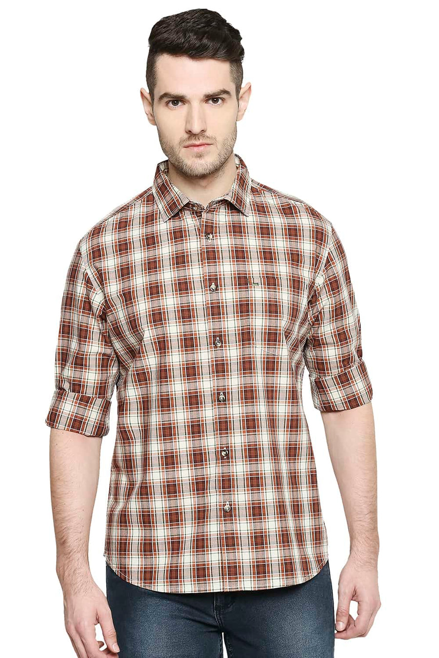 BASICS SLIM FIT FUDGESICKLE BROWN CHECKS SHIRT