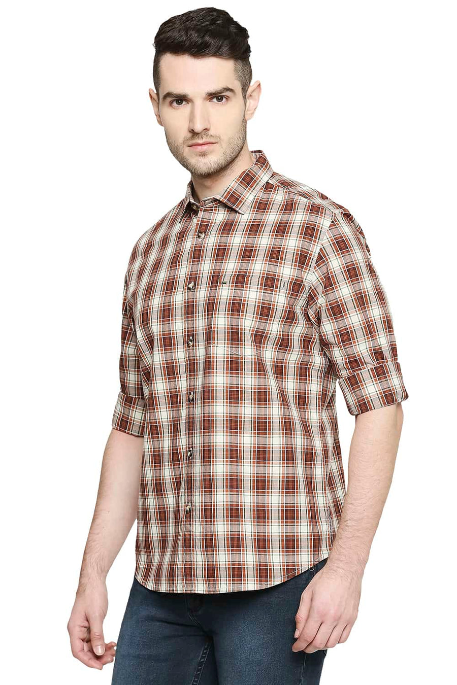 BASICS SLIM FIT FUDGESICKLE BROWN CHECKS SHIRT