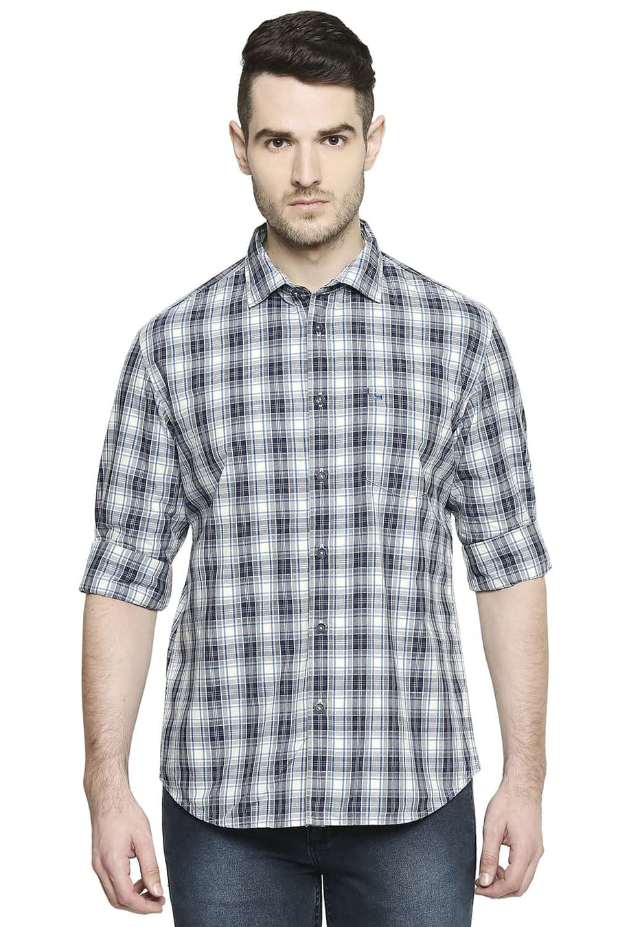 BASICS SLIM FIT SPACE NAVY CHECKS SHIRT