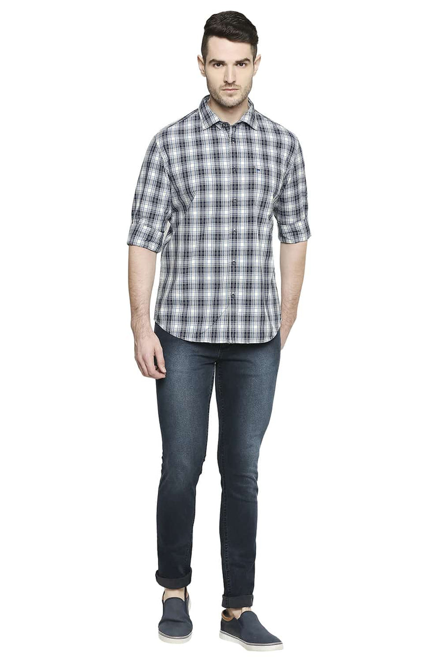 BASICS SLIM FIT SPACE NAVY CHECKS SHIRT