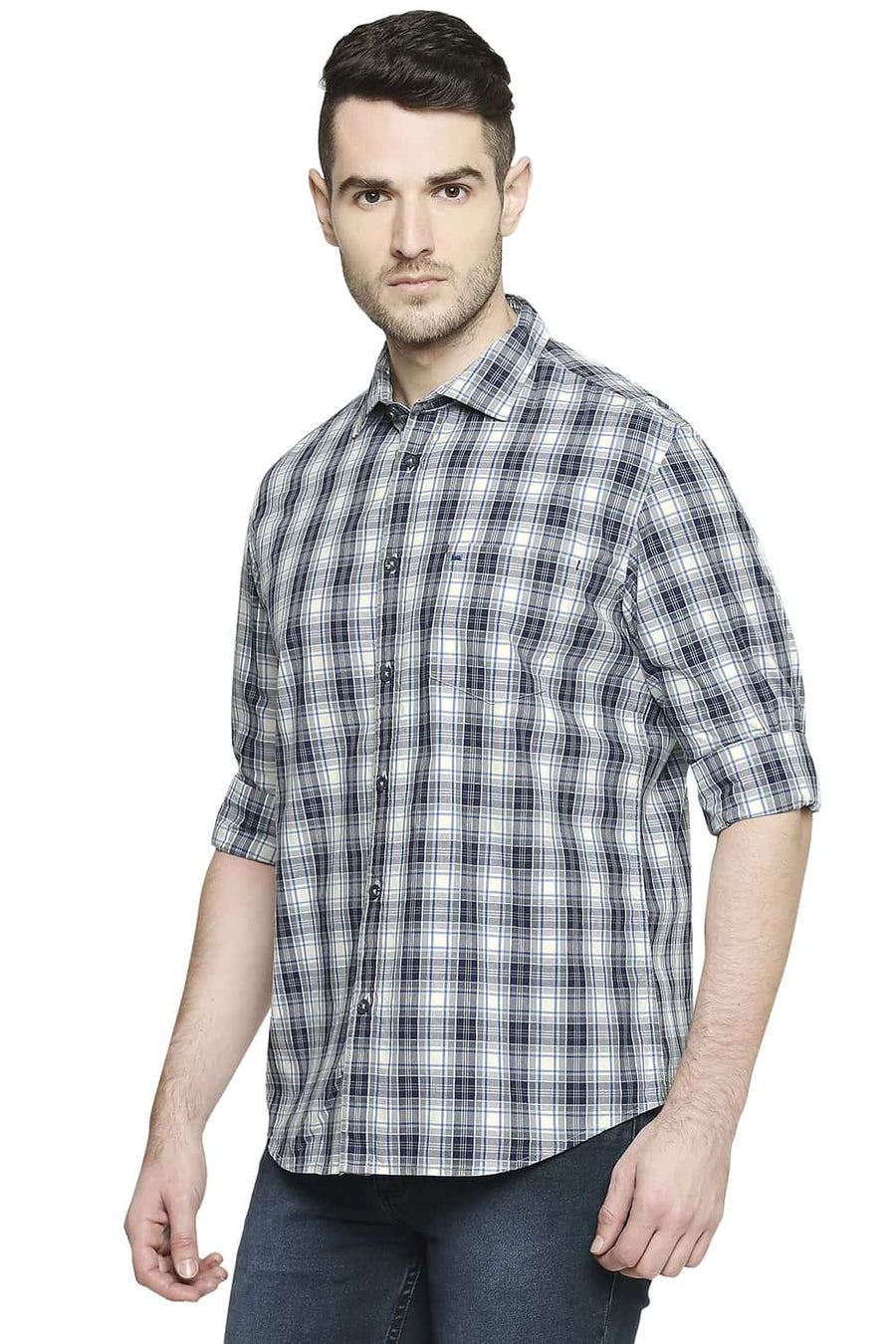 BASICS SLIM FIT SPACE NAVY CHECKS SHIRT