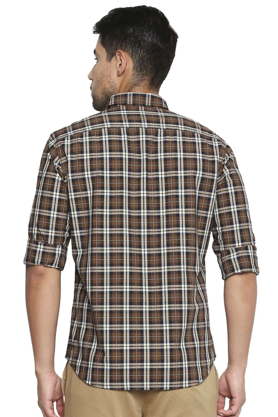 BASICS SLIM FIT TOFFEE BROWN CHECKS SHIRT