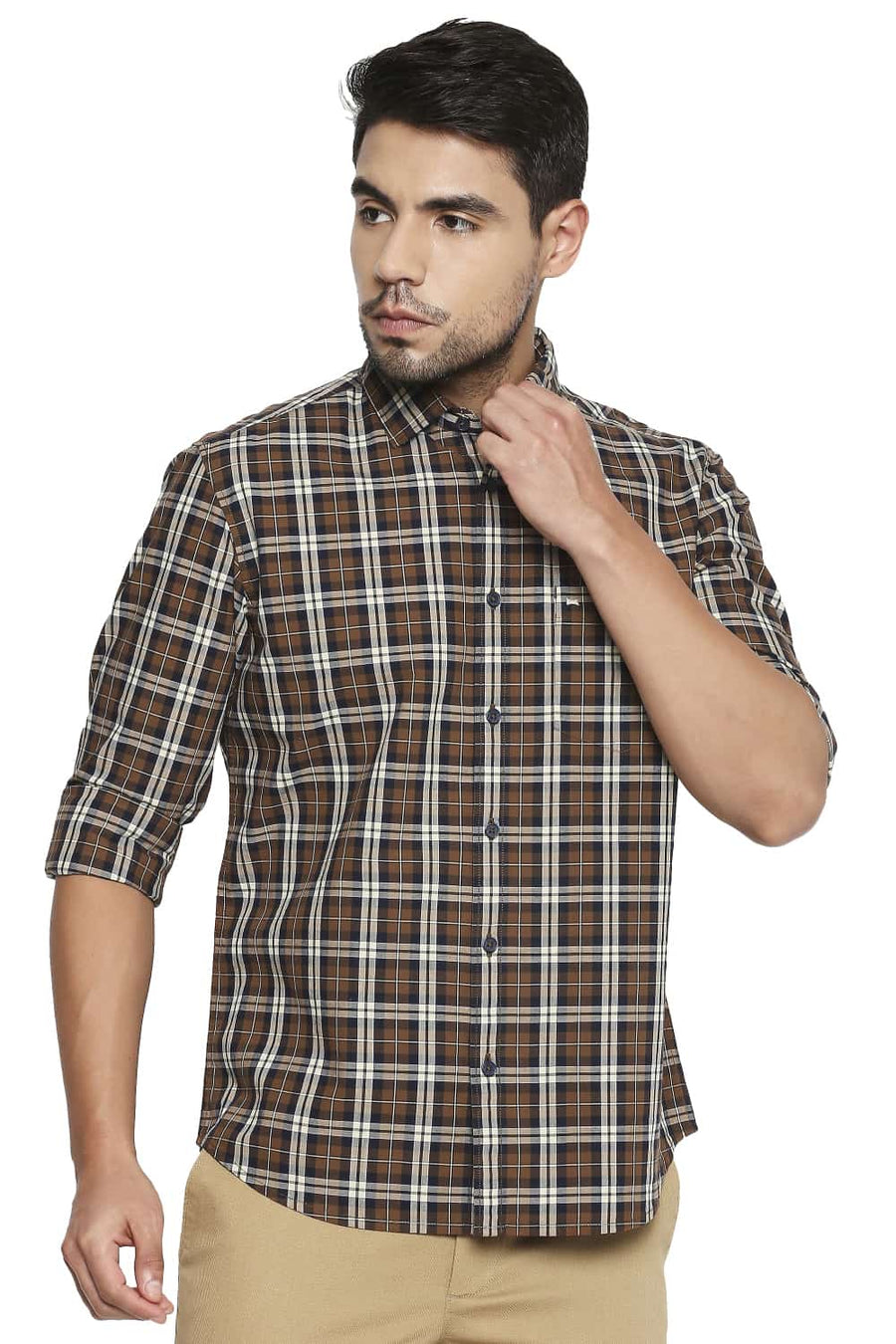 BASICS SLIM FIT TOFFEE BROWN CHECKS SHIRT