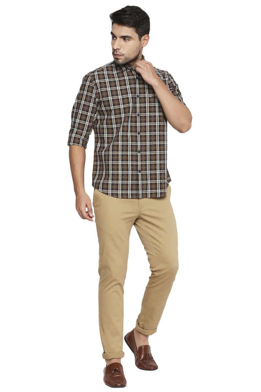 BASICS SLIM FIT TOFFEE BROWN CHECKS SHIRT