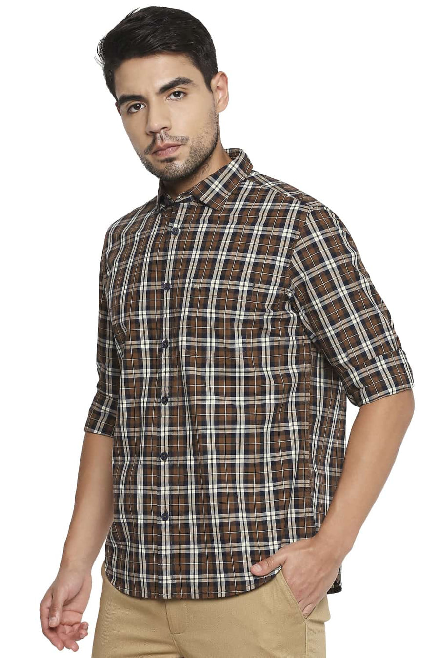 BASICS SLIM FIT TOFFEE BROWN CHECKS SHIRT