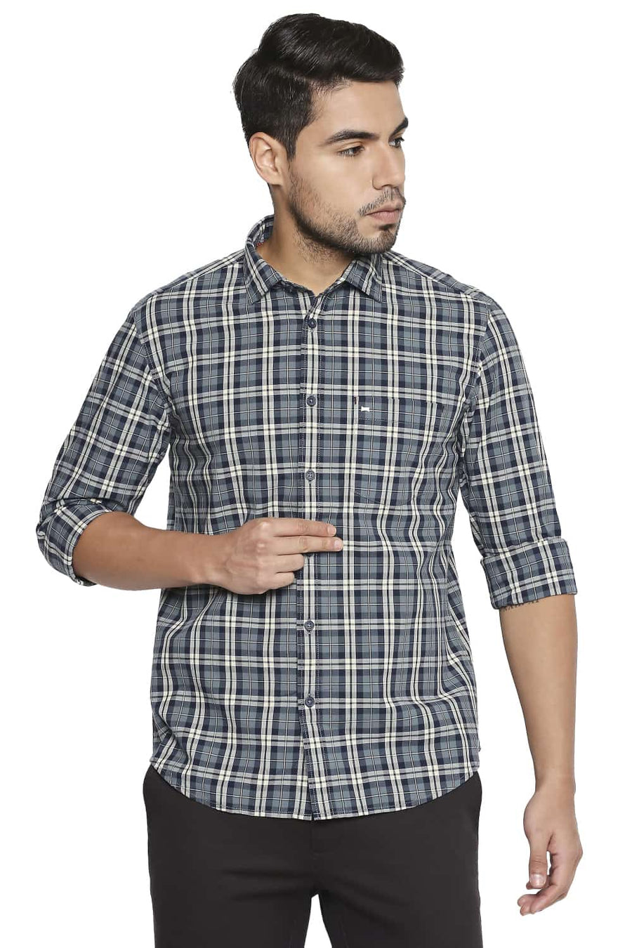 BASICS SLIM FIT IRON GREY CHECKS SHIRT