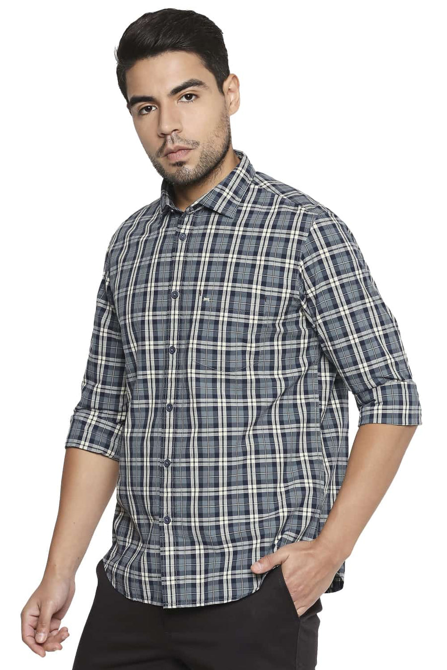 BASICS SLIM FIT IRON GREY CHECKS SHIRT