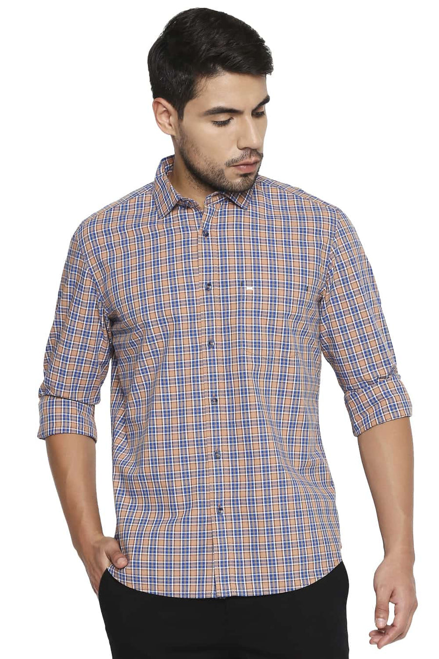 BASICS SLIM FIT MUTED BROWN CHECKS SHIRT