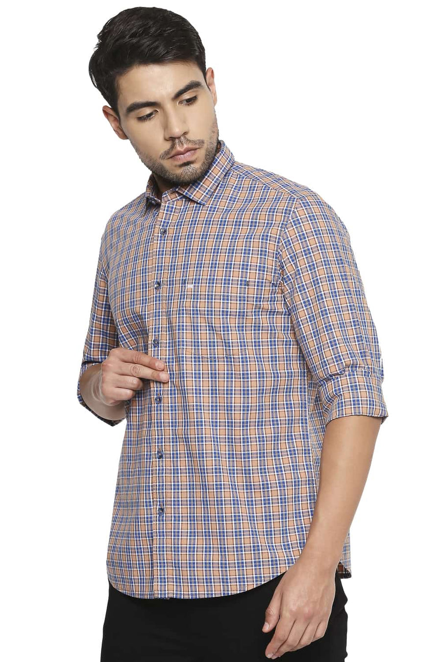 BASICS SLIM FIT MUTED BROWN CHECKS SHIRT