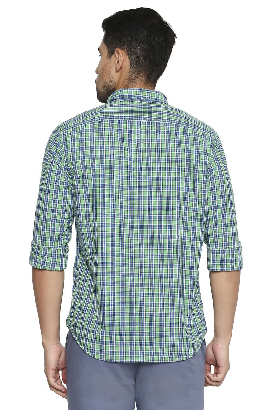 BASICS SLIM FIT STONE GREEN CHECKS SHIRT