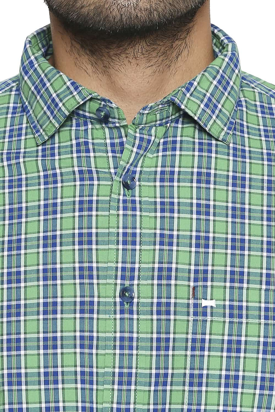BASICS SLIM FIT STONE GREEN CHECKS SHIRT