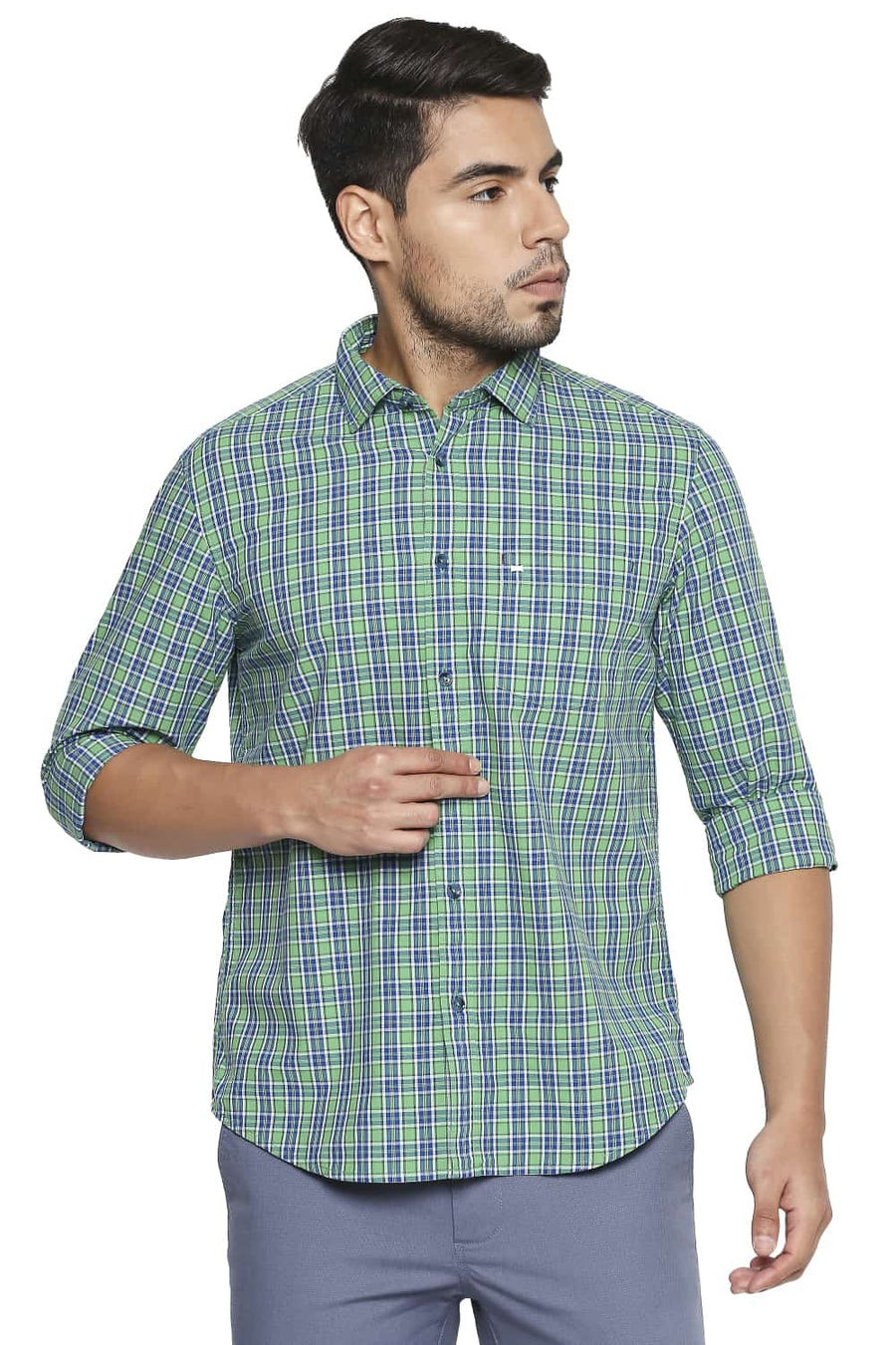 BASICS SLIM FIT STONE GREEN CHECKS SHIRT