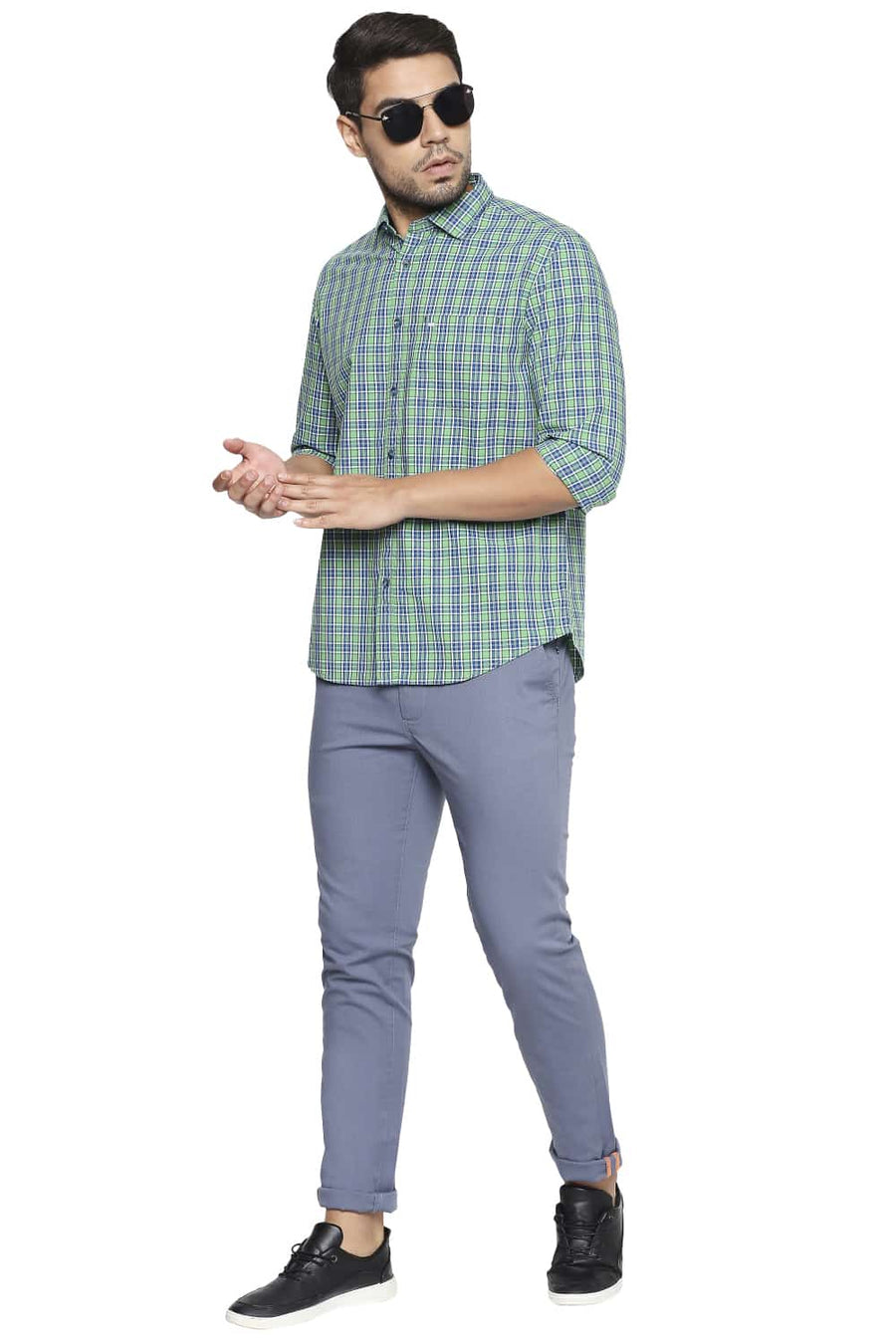 BASICS SLIM FIT STONE GREEN CHECKS SHIRT