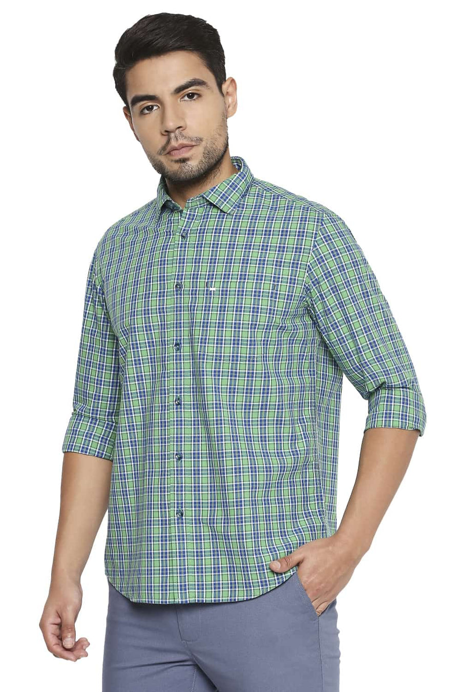 BASICS SLIM FIT STONE GREEN CHECKS SHIRT