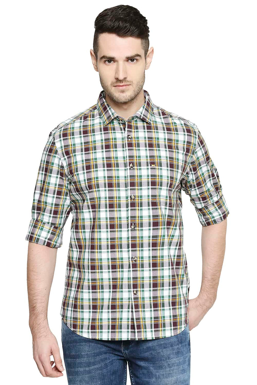 BASICS SLIM FIT FIG BROWN CHECKS SHIRT