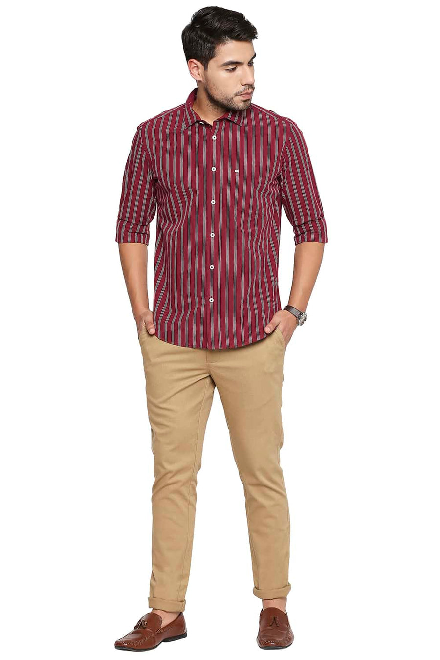 BASICS SLIM FIT BRICK RED STRIPE SHIRT
