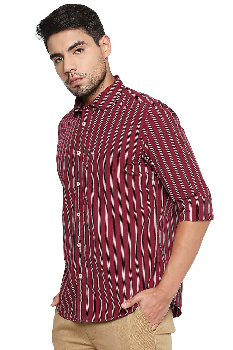 BASICS SLIM FIT BRICK RED STRIPE SHIRT