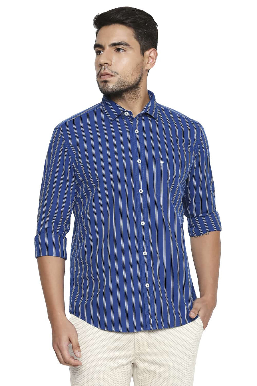 BASICS SLIM FIT DELFT BLUE STRIPE SHIRT