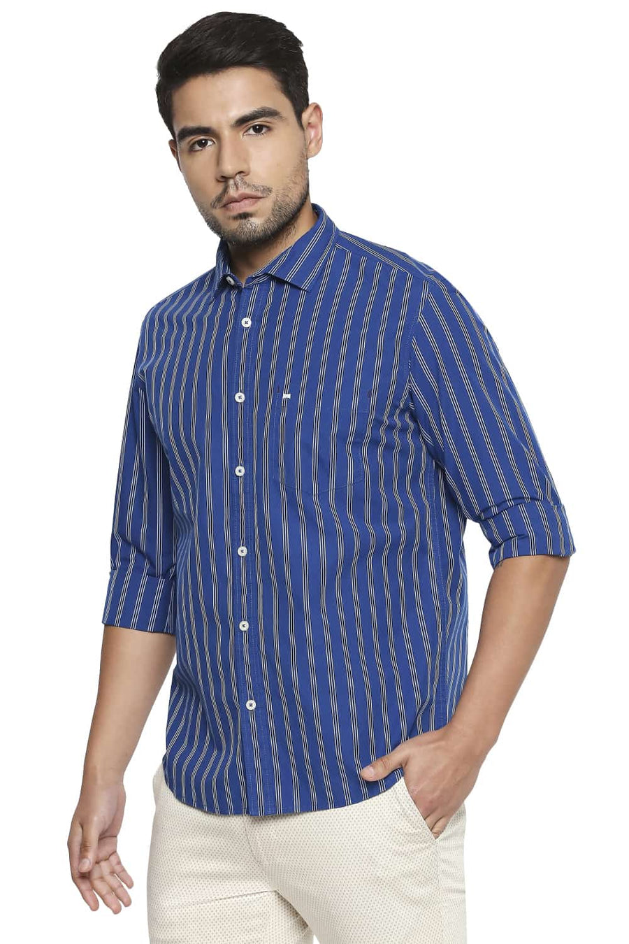 BASICS SLIM FIT DELFT BLUE STRIPE SHIRT