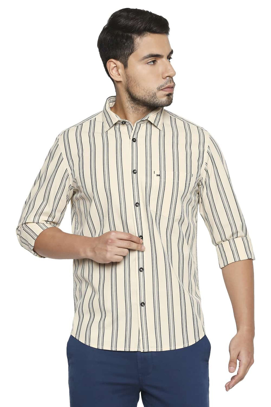 BASICS SLIM FIT MACADAMIA YELLOW STRIPE SHIRT