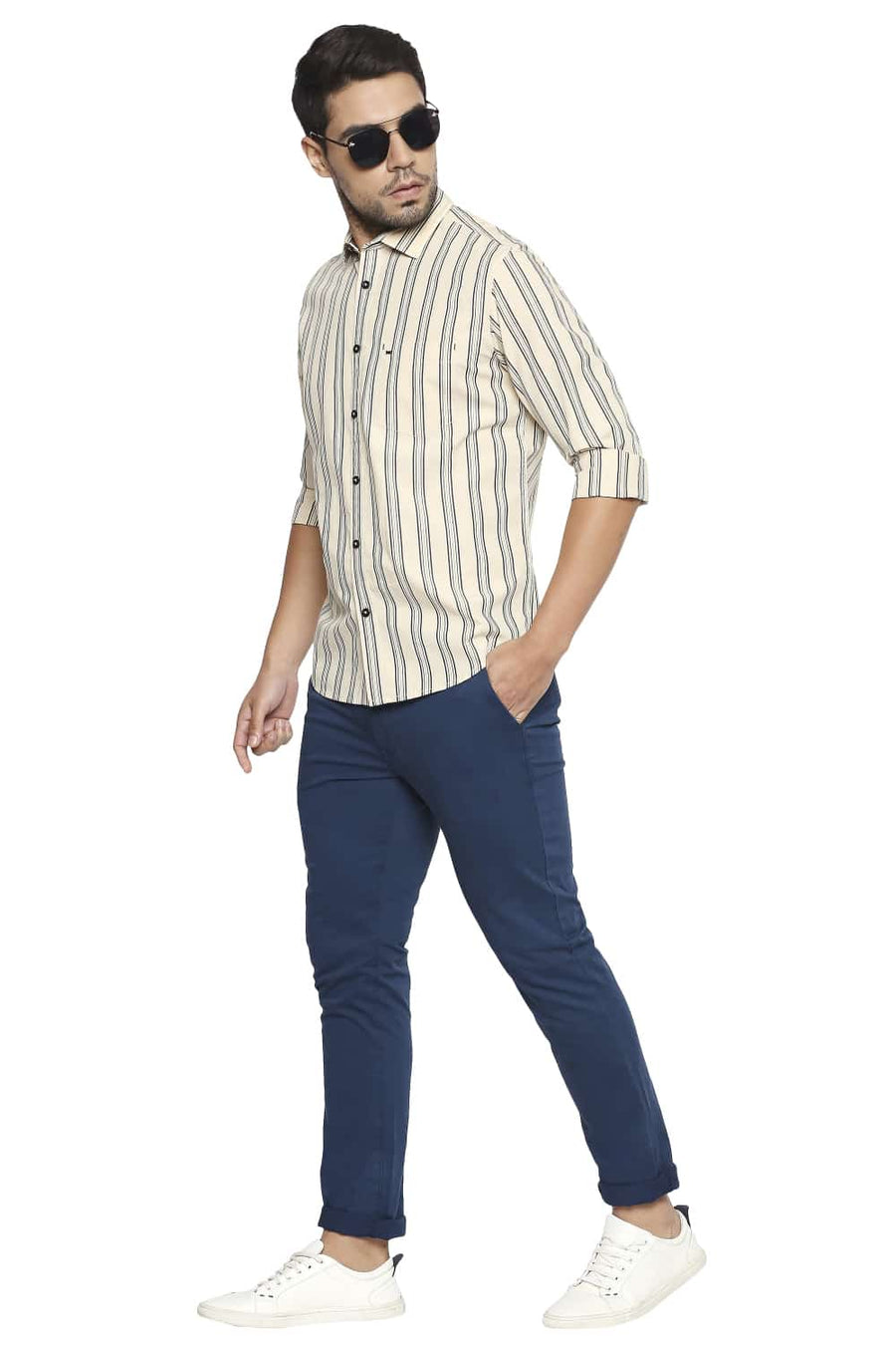 BASICS SLIM FIT MACADAMIA YELLOW STRIPE SHIRT