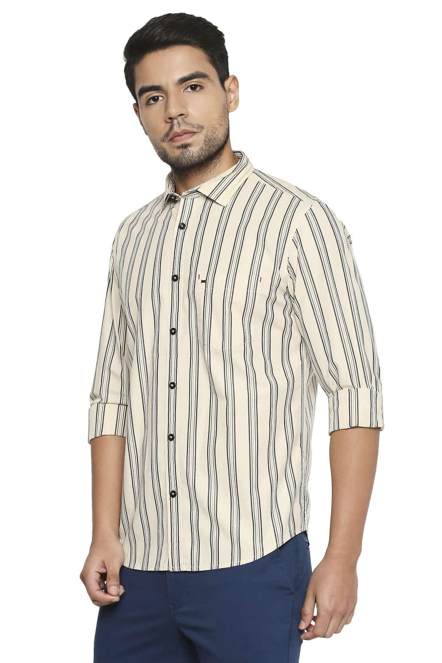 BASICS SLIM FIT MACADAMIA YELLOW STRIPE SHIRT