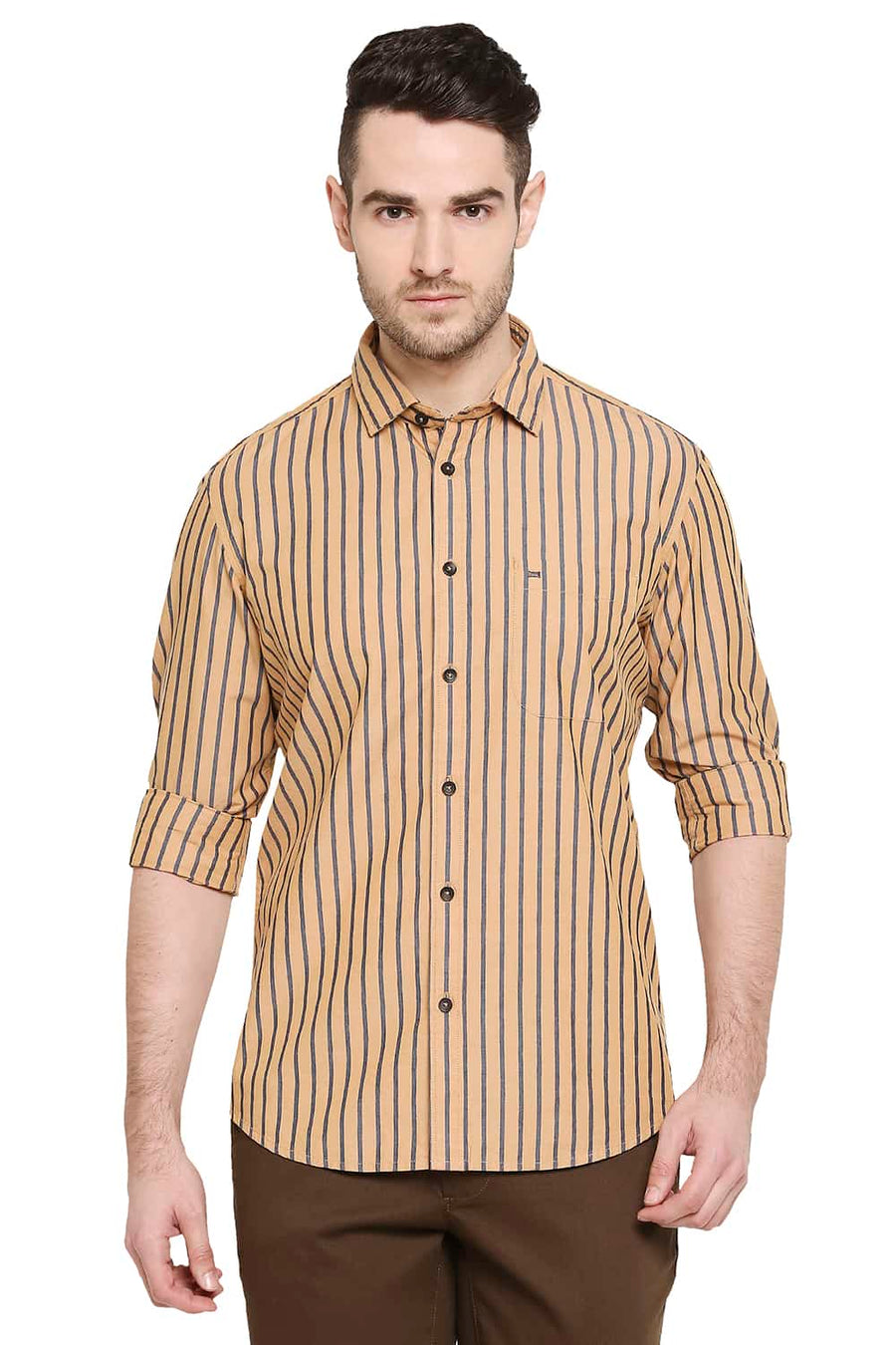 BASICS SLIM FIT AMBER GOLD STRIPES SHIRT